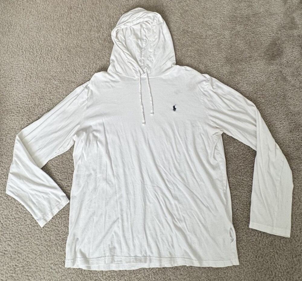 Polo Ralph Lauren Mens Large White Lightweight Jersey Hoodie Pony Logo Flawed
